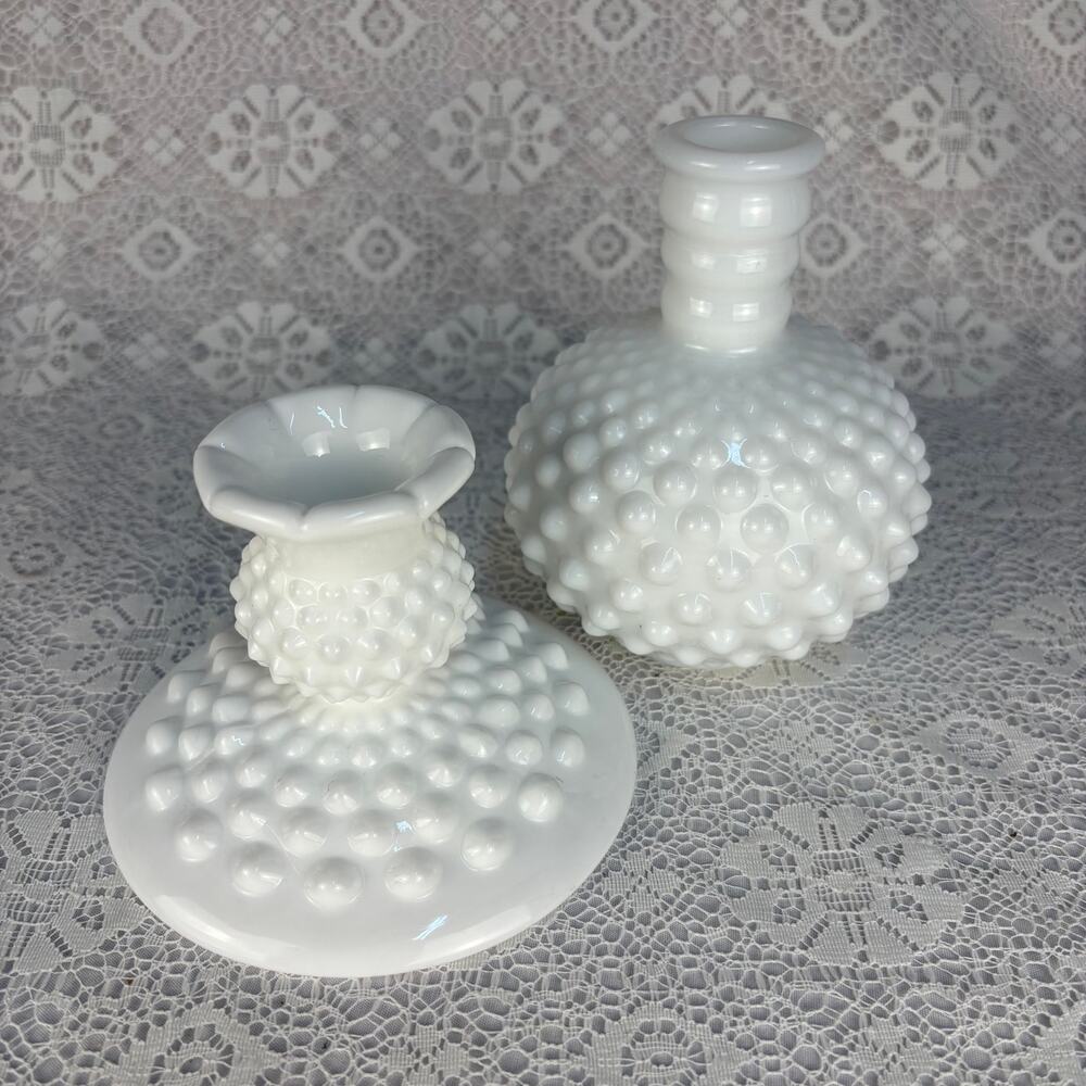 Vintage White Milk Glass Hobnail Vase & Candle Holder Set of 2
